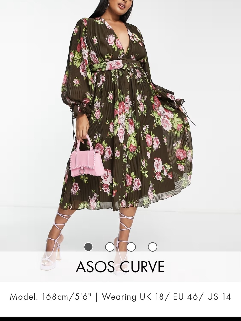 ASOS Curve Olive Green Floral Pleated Midi Dress